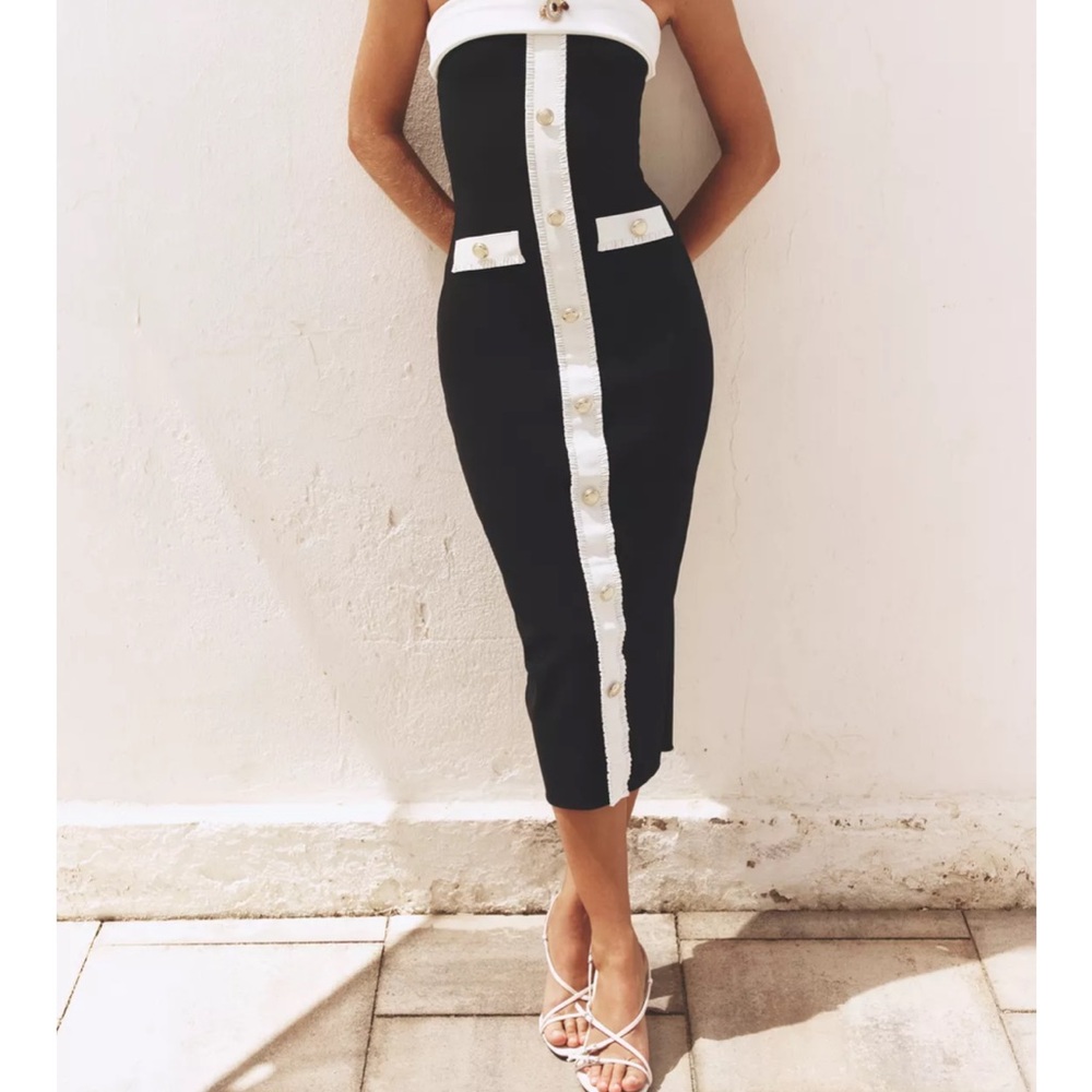 Zara Black and White Strapless Midi Dress